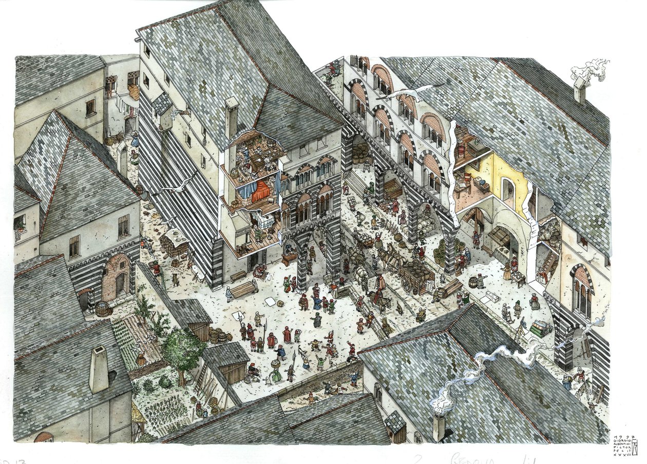 Mittelalter: Ansicht eines Palastes des Kaufmannsadels (Curia oder curia) von Genua im 15. Jahrhundert, Straßenszenen, Italien. Illustration von Giorgio Albertini. von Giorgio Albertini