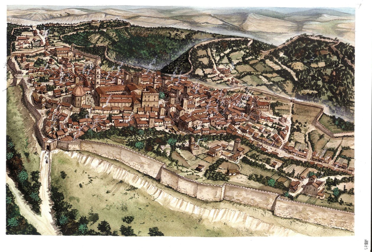 Mittelalter: Ansicht der mittelalterlichen Stadt Volterra, umgeben von Stadtmauern, im 14. Jahrhundert. Toskana, Italien. Illustration von Giorgio Albertini. von Giorgio Albertini