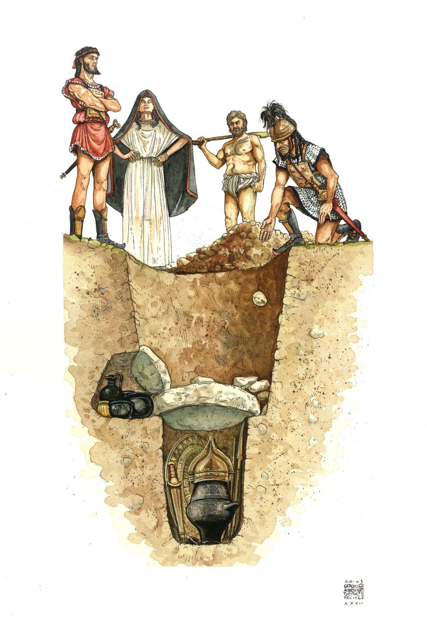 Neolithikum: Schnitt einer Villanovianischen Grabstätte, die Urnen mit der Asche der Verstorbenen sind in Brunnen begraben, 8. Jahrhundert v. Chr. Etrurien, Italien von Giorgio Albertini