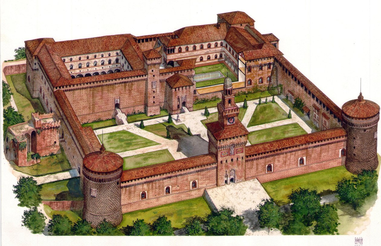 Überblick über das Schloss der Sforza-Festung, erbaut von Herzog Francesco Sforza im 15. Jahrhundert in Mailand, Italien von Giorgio Albertini