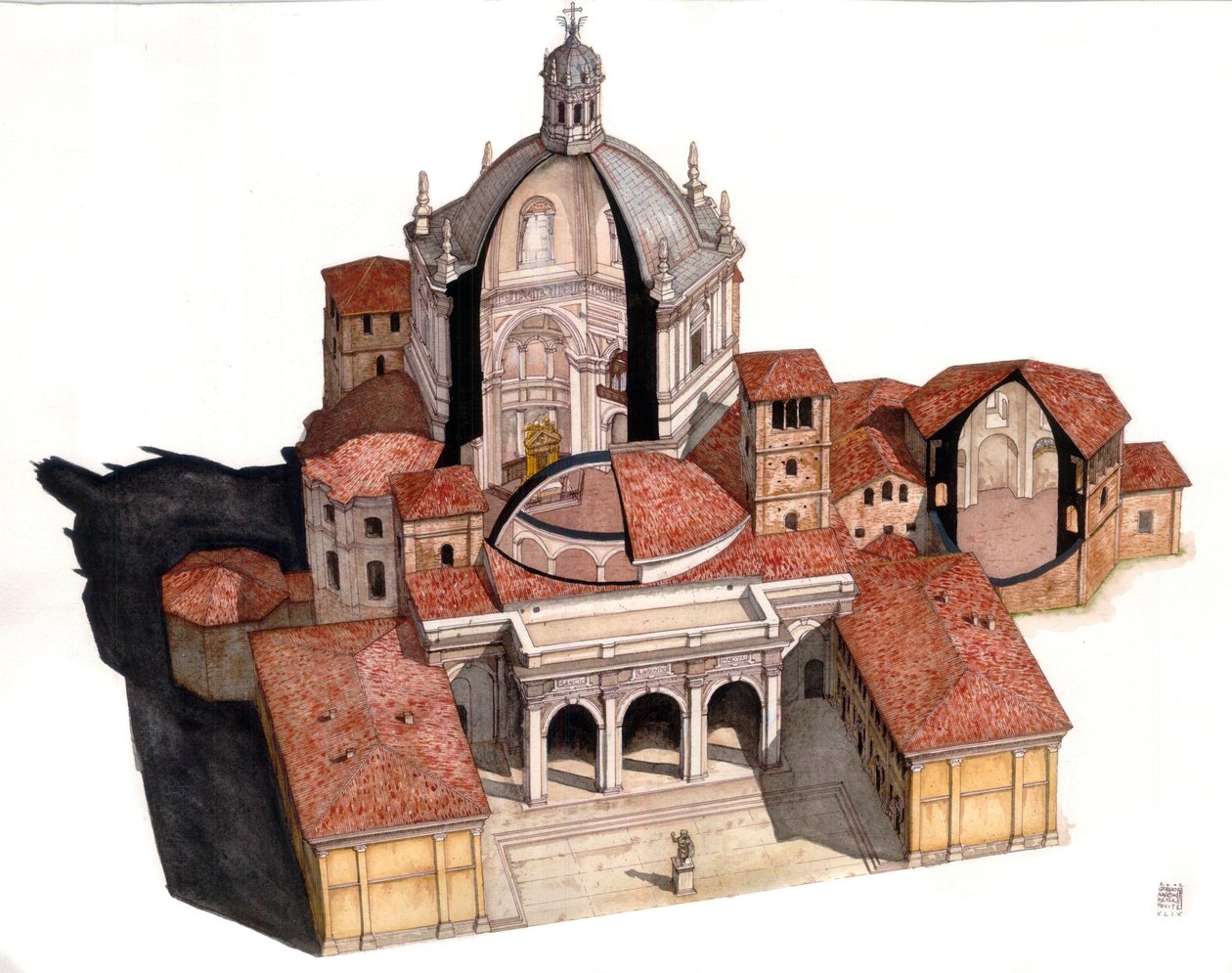 Paleochristliche Kunst: Überblick und Schnitte, die das Innere der Kuppel, der Kapellen und der Basilika San Lorenzo zeigen, gegründet Ende des 4. Jahrhunderts in Mailand, Italien. Illustration von Giorgio Albertini. von Giorgio Albertini