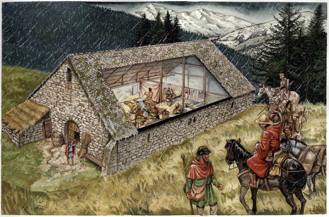 Rekonstruktion eines Krankenhauses (Hospiz oder Zuflucht) für Pilger in Moncenisio (Montcenis) in den Alpen, Italien von Giorgio Albertini