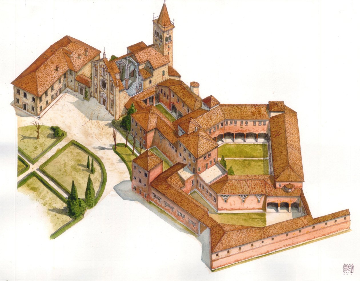 Romanogotische Kunst: Luftansicht der Struktur der Abtei Viboldone, erbaut zwischen 1176 und 1348 in San Giuliano Milanese, nahe Mailand, Italien. Illustration von Giorgio Albertini. von Giorgio Albertini
