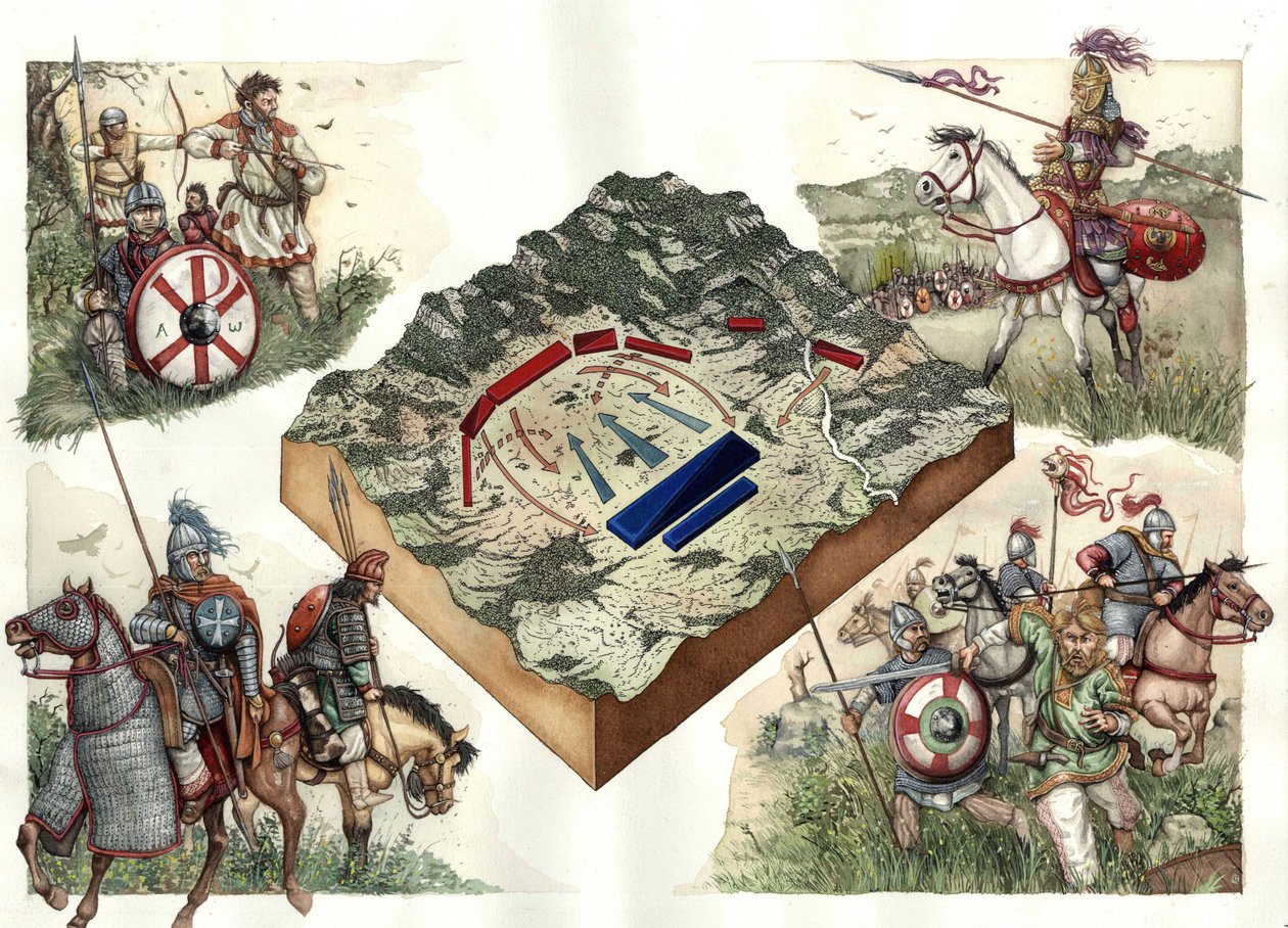 Gotenkrieg (535-553) zwischen Byzantinern und Ostgoten: Die Schlacht von Taginae im Juli 552, die den Byzantinern unter Justinian den Marsch von Ravenna nach Rom ermöglichte von Giorgio Albertini