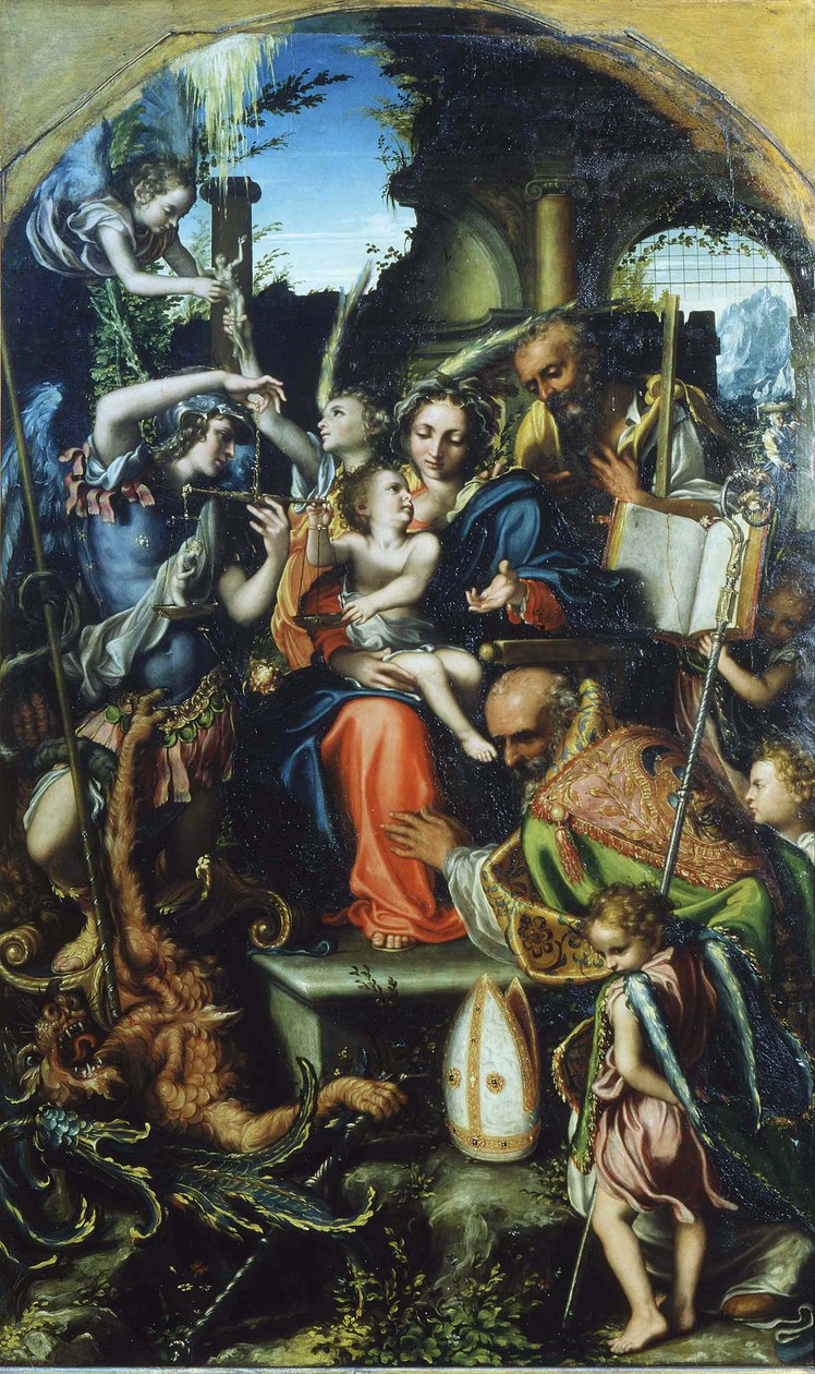 Heilige Familie mit Erzengel Michael und dem Teufel, der um Seelen kämpft, Heiliger Bernhard und von Giorgio Gandini del Grano