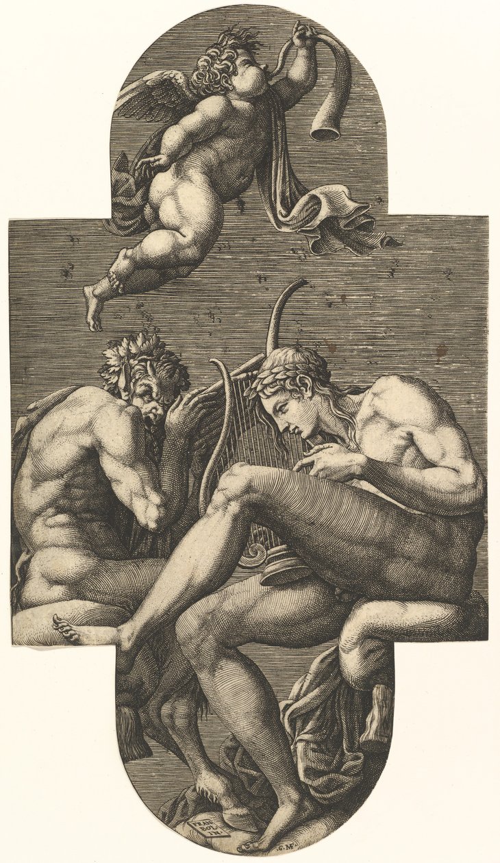 Apollo, Pan und ein Putto, der ein Horn bläst, aus einer Serie von acht Kompositionen nach Frankreich von Giorgio Ghisi