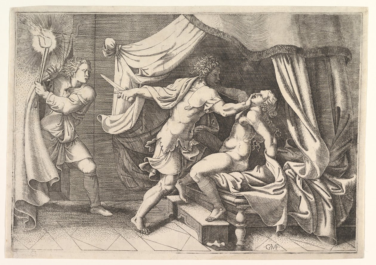 Tarquin greift Lucretia an, ein Diener links beobachtet die Szene, ca. 1540 von Giorgio Ghisi