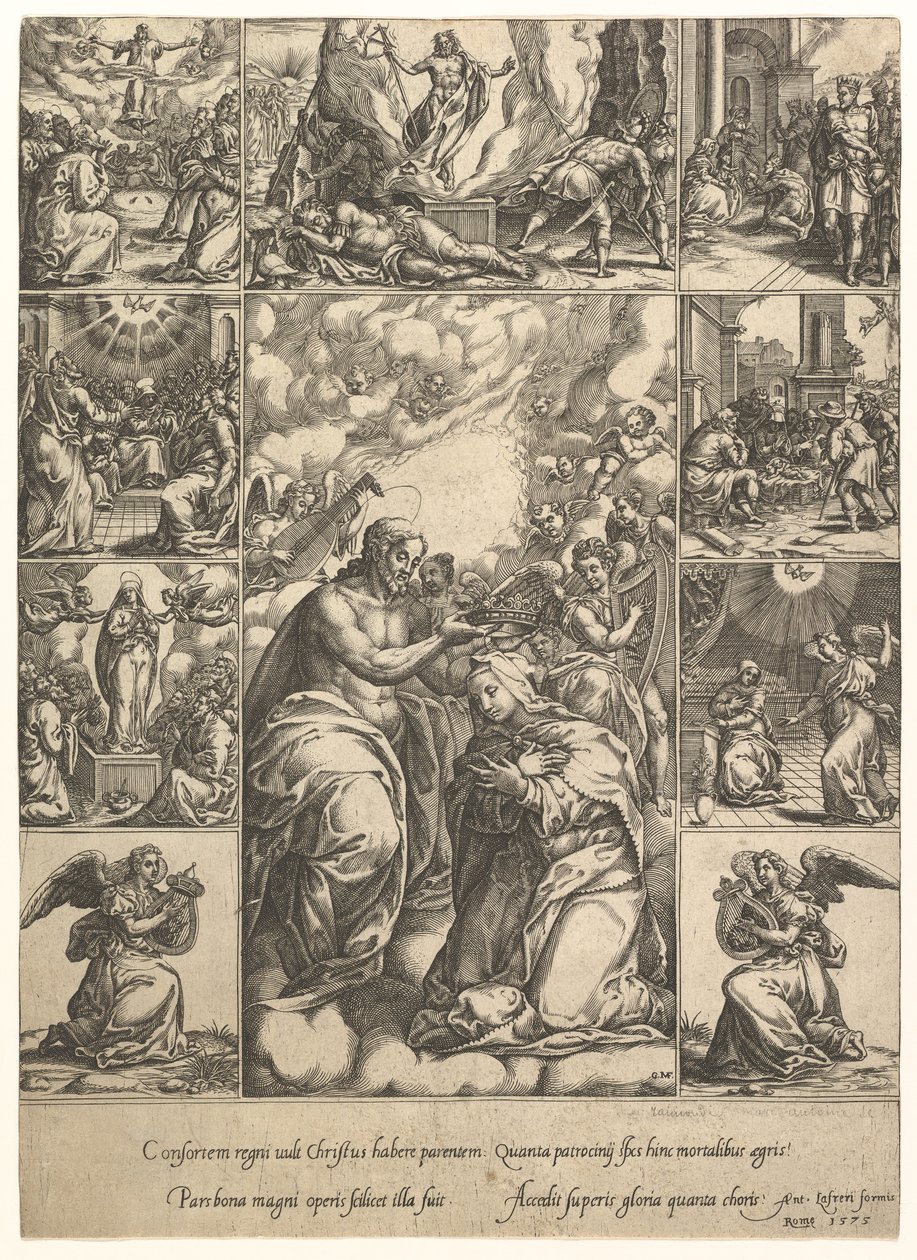 Die Krönung der Jungfrau, umgeben von neun Vignetten mit Szenen aus dem Leben von..., um 1575 von Giorgio Ghisi