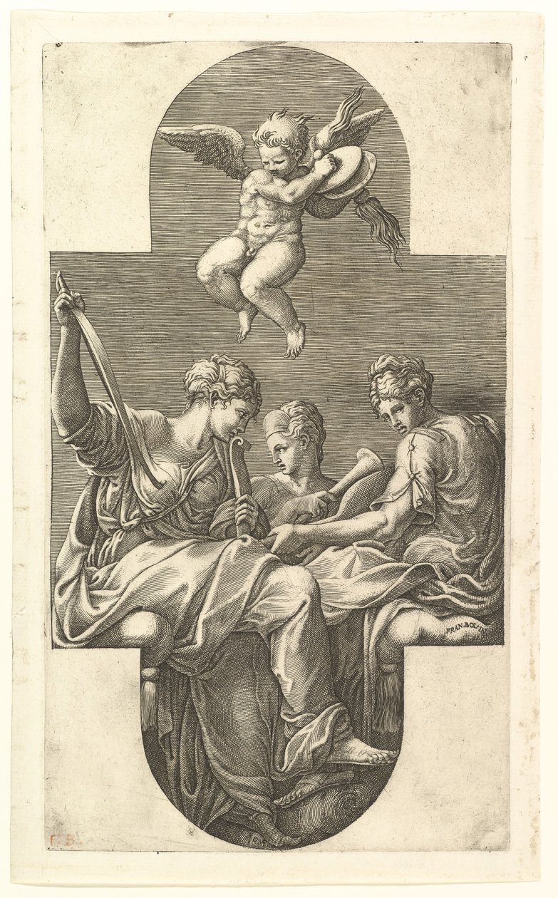 Drei Musen und ein Putto mit Zimbeln, eine kreuzförmige Komposition, aus einer Serie von acht..., 1560er von Giorgio Ghisi