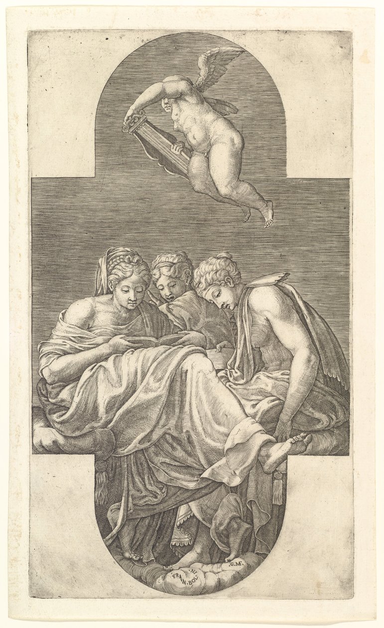 Drei Musen und ein Putto mit einer Lyra, eine kreuzförmige Komposition, aus einer Serie von acht Kompositionen von Giorgio Ghisi