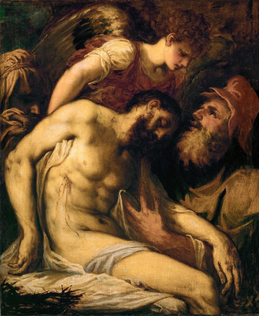 Toter Christus, unterstützt von einem Engel und von Joseph von Arimathäa von Giorgio Schiavone