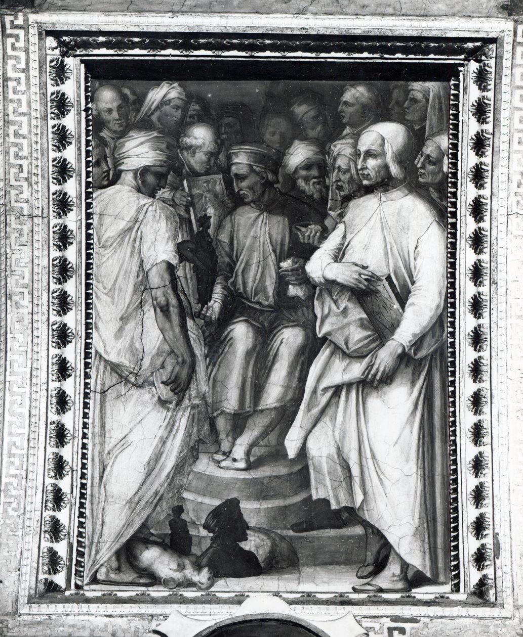 Cosimo de Medici sitzt unter Philosophen und Künstlern in der Sala di Cosimo il Vecchio von Giorgio Vasari