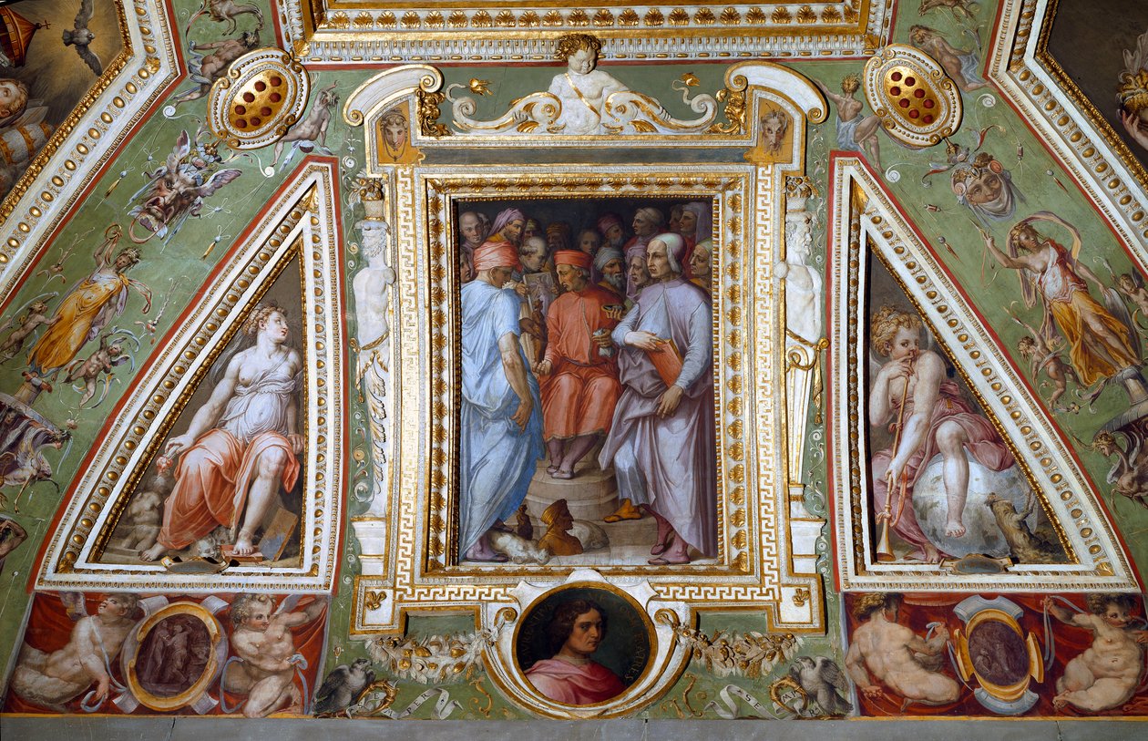 (Detail) des Raumes von Cosimo de Medici, der sich selbst mit Künstlern und Intellektuellen darstellt (Fresko) von Giorgio Vasari