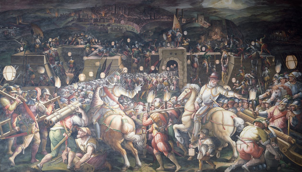 Italien, Florenz, Palazzo Vecchio (Altes Palais), Salone dei Cinquecento, Einnahme eines Forts in der Nähe von Port Camollia in Siena von Giorgio Vasari