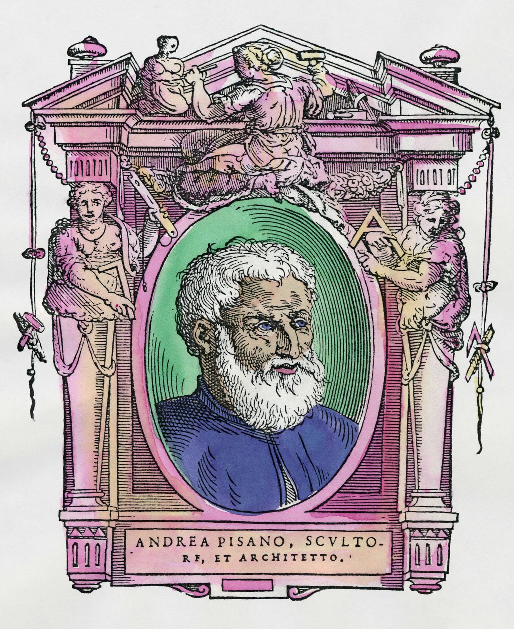 Porträt von Andrea Pisano (1290-1349) italienischer Bildhauer und Architekt. Gravur aus dem Werk "Lebensläufe der ausgezeichnetsten Maler, Bildhauer und Architekten" (Le Vite de