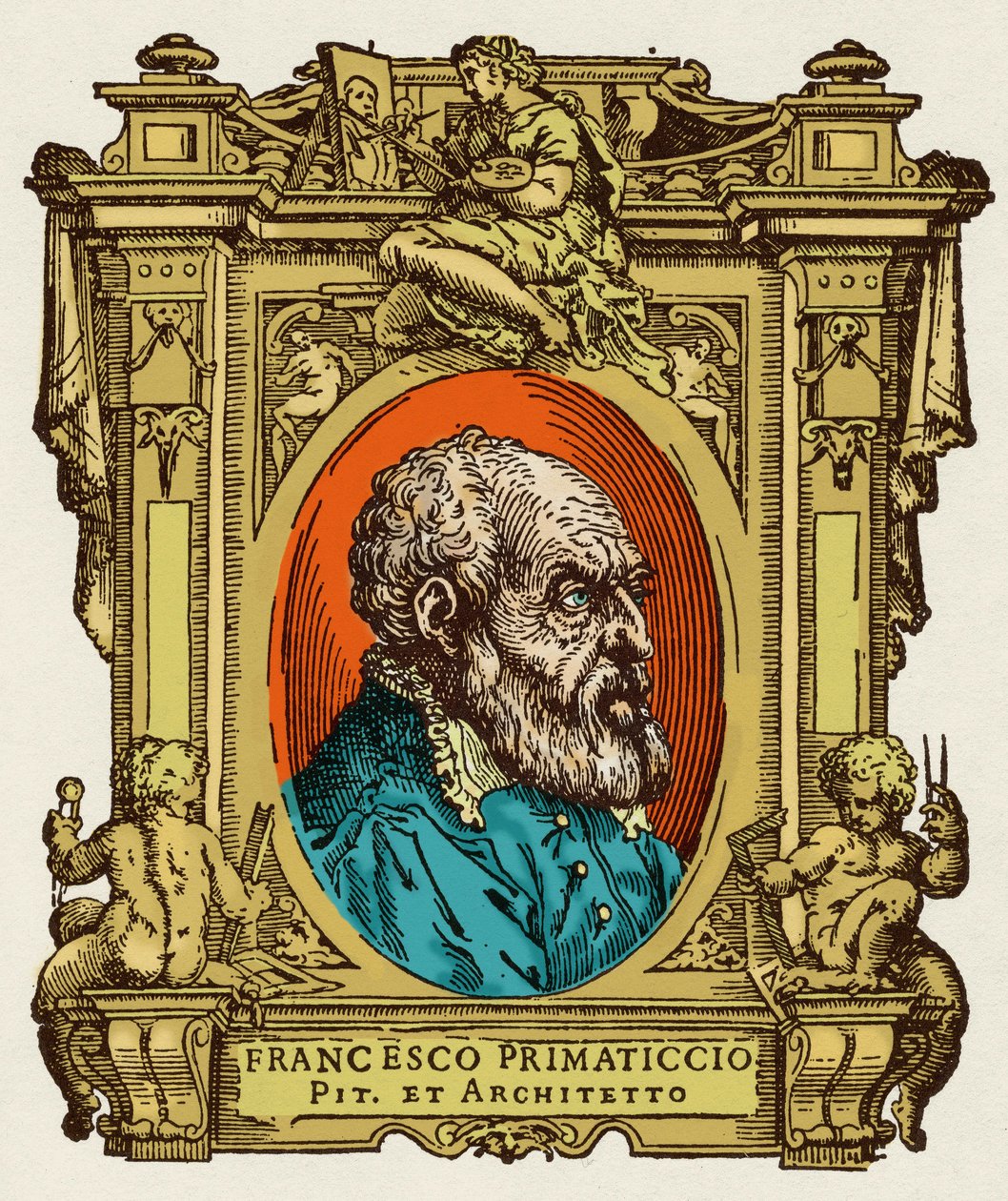 Porträt von Francesco Primaticcio, bekannt als Der Primatice (1504-1570), Maler, Bildhauer und Architekt. Er war Mitglied der Ecole de Fontainebleau. Gravur aus dem Werk „Lives of the most excellent painters, sculptors and architects“ (Le Vite de