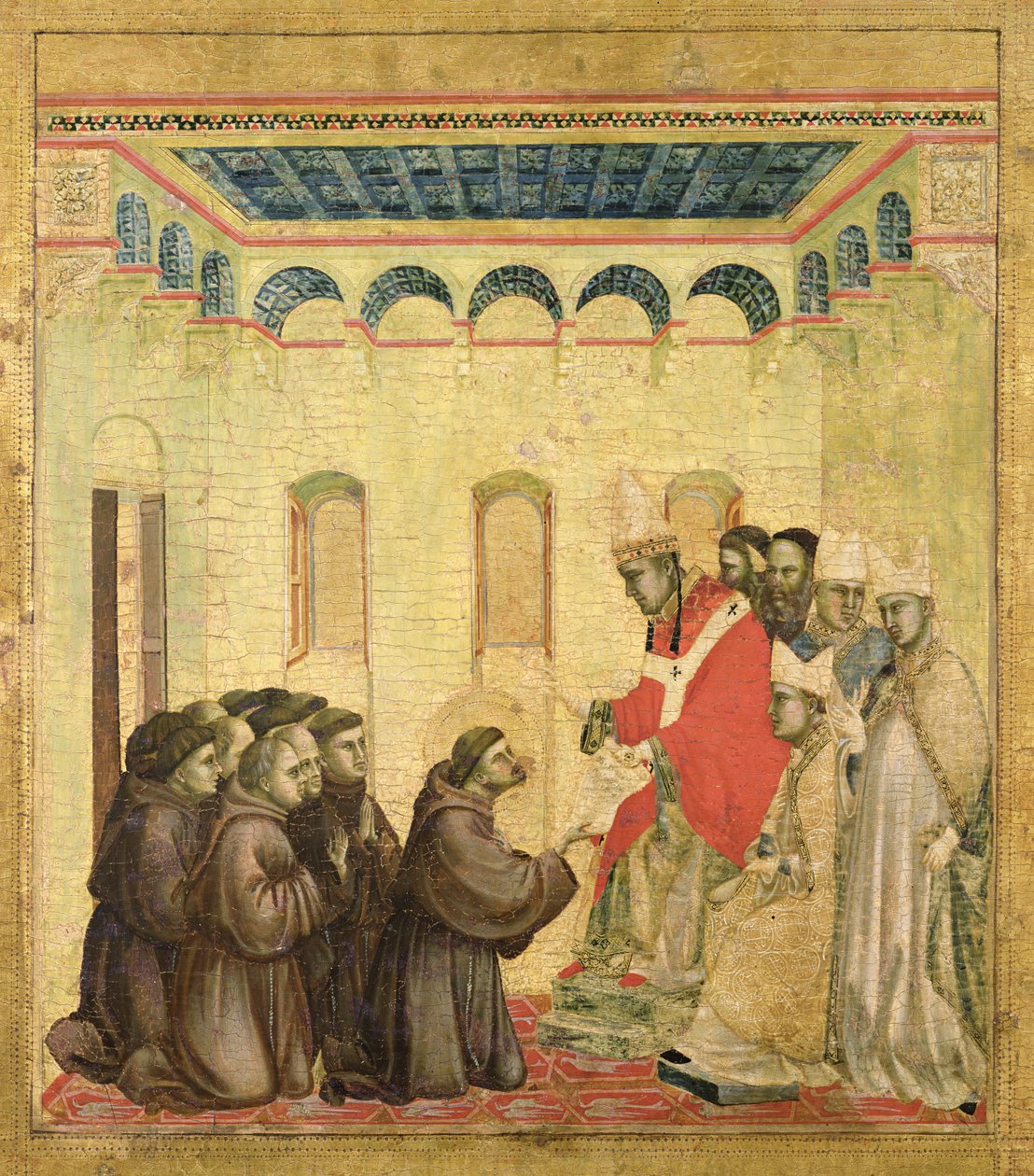 Papst Innozenz III. (1160-1216) genehmigt die Regel, aus dem Predella-Panel von St. Franziskus erhält die Stigmata, um 1295-1300 von Giotto di Bondone