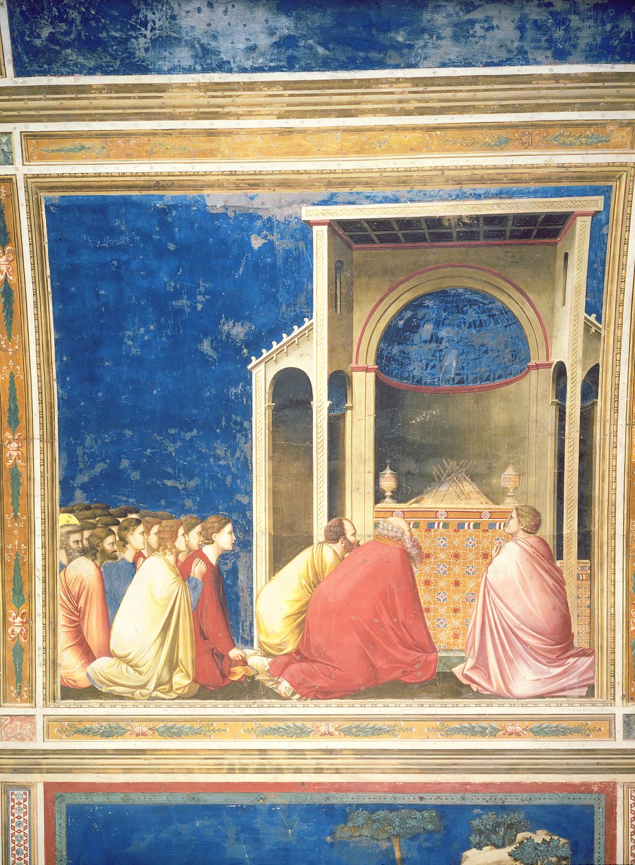 Die Freier der Jungfrau beten vor den Stäben im Tempel, um 1305 (Detail) von Giotto di Bondone