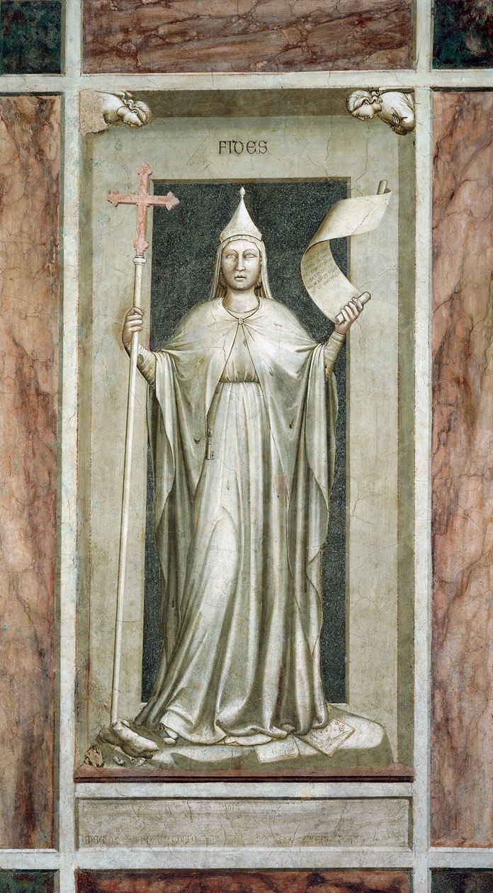 Glaube, weibliche Figur mit Kreuz und Schriftrolle, Symbol der Offenbarten Wahrheit, zerstört ein Idol und steht auf Symbolen der Kabbala, von Giotto, Zyklus der Fresken Die Laster und Tugenden, nach der Restaurierung, Scrovegni-Kapelle, Padua, Venetien, I von Giotto (c.1266 1337)