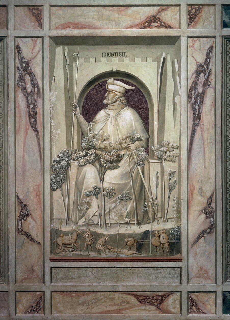 Die Ungerechtigkeit, ein alter Mann hält ein Schwert in den Händen, während vor ihm die Bäume des Bösen wachsen, von Giotto, Detail aus dem Freskenzyklus Die Laster und Tugenden, nach der Restaurierung 2002, Scrovegni-Kapelle, Padua, Venetien, Italien von Giotto (c.1266 1337)