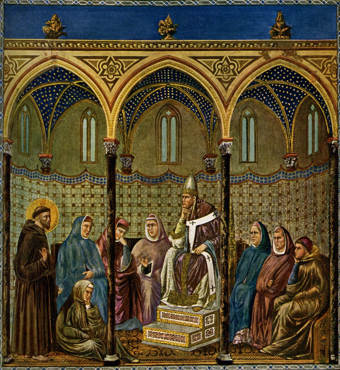 Der heilige Franz von Assisi predigt Papst Honorius III. von Giotto di Bondone