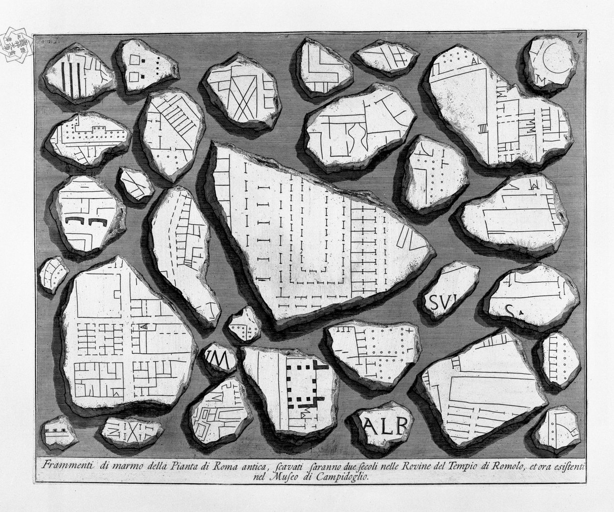 Fragmente aus Marmor des Plans des antiken Rom von Giovanni Battista Piranesi