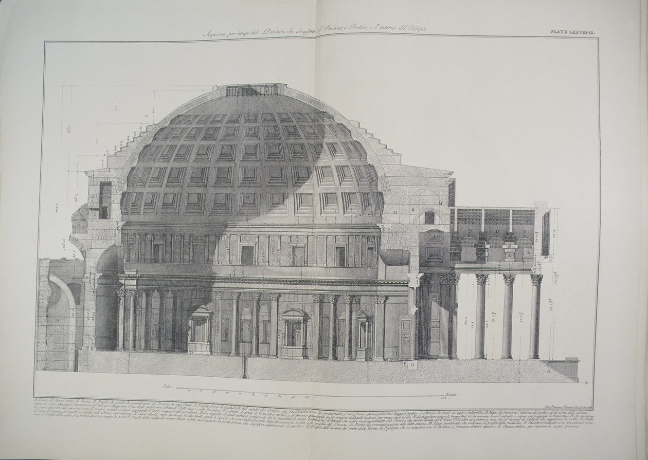 LXXVIII-IX Längsschnitt des Pantheon, der die Kuppel, das Portikus und das Innere des Tempels zeigt, aus 