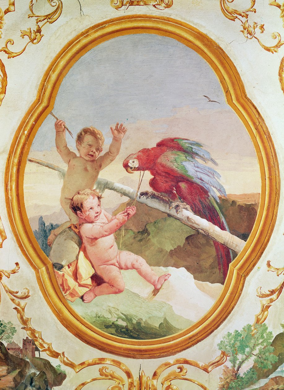 Zwei Putten spielen mit einem Papagei von Giovanni Battista Tiepolo