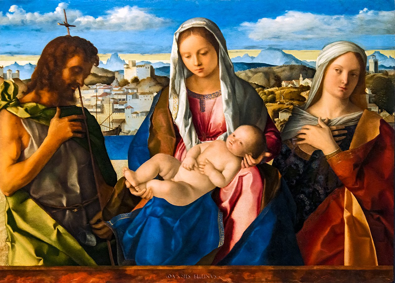 Die Jungfrau und das Kind zwischen Johannes dem Täufer und einem Heiligen (Heilige Konversation Giovannelli) von Giovanni Bellini
