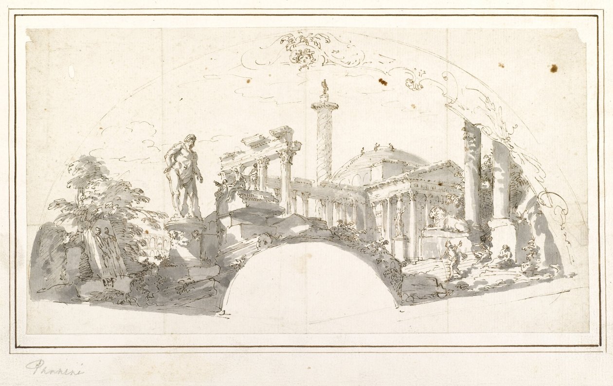 Entwurf für einen Fächer - Capriccio mit römischen Ruinen und dem Farnesischen Herkules von Giovanni Paolo Pannini