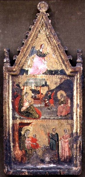 Der Engel der Verkündigung; Die Geburt Christi und Verkündigung an die Hirten; Die Anbetung der Könige, linker Flügel eines Diptychons von Giovanni (attr. to) Baronzio da Rimini