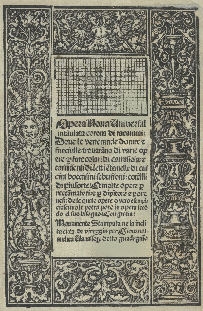 Opera Nova Universali intitulata Corona di racammi, Titelblatt recto, [1530] von Giovanni Andrea Vavassore