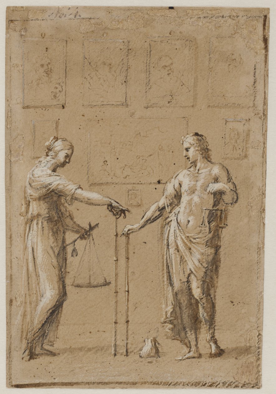 Ein Mann und eine Frau in antiken Kostümen, jeder mit Waage und Lineal, vor einer Wand mit Gemälden. Eine Geldbörse auf dem Boden vor dem Mann von Giovanni Angelo Canini
