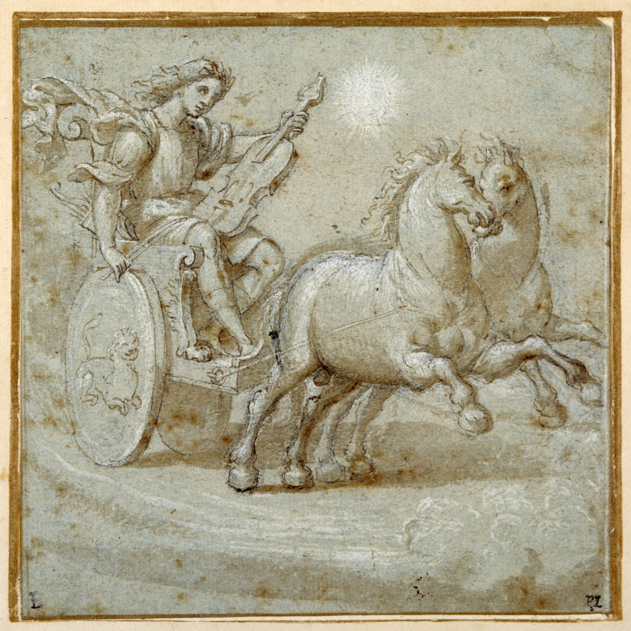 Apollo sitzt in seinem Wagen mit seiner Geige von Giovanni Antonio (circle of) Pordenone