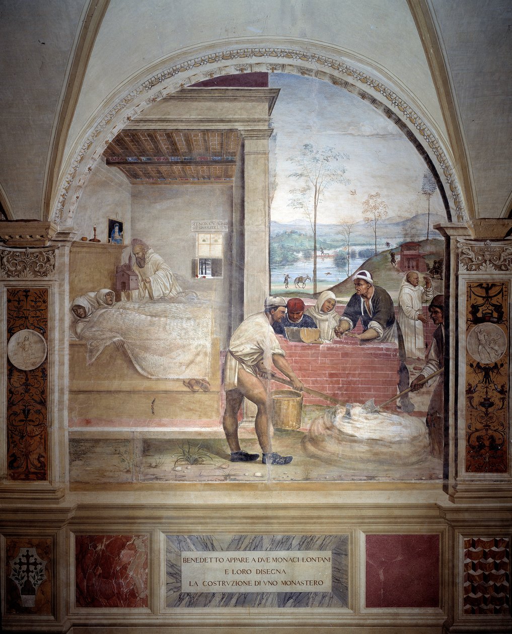 Benedikt erscheint zwei Mönchen und präsentiert ihnen das Projekt eines Klosters (Detail) von Giovanni Antonio Bazzi Sodoma