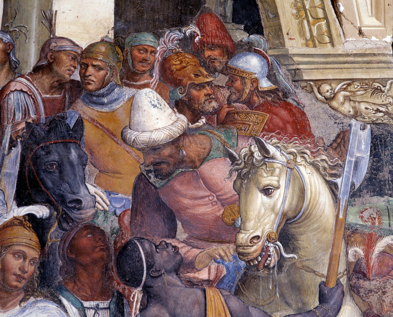 Wie Benedikt die beiden jungen Römer Maurus und Placid trifft (Detail) Fresko des Kreuzgangs, realisiert von Antonio Bazzi genannt il Sodoma (1477 - 1549), das das Leben von Benedikt von Nursia (480 - 567) Gründer des Benediktinerordens erzählt von Giovanni Antonio Bazzi Sodoma