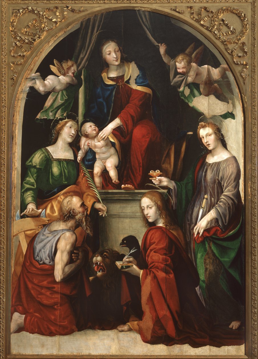 Madonna mit Kind und Engeln unter den Heiligen Hieronymus, Katharina von Alexandria, Lucia und Johannes der Evangelist von Giovanni Antonio Bazzi Sodoma