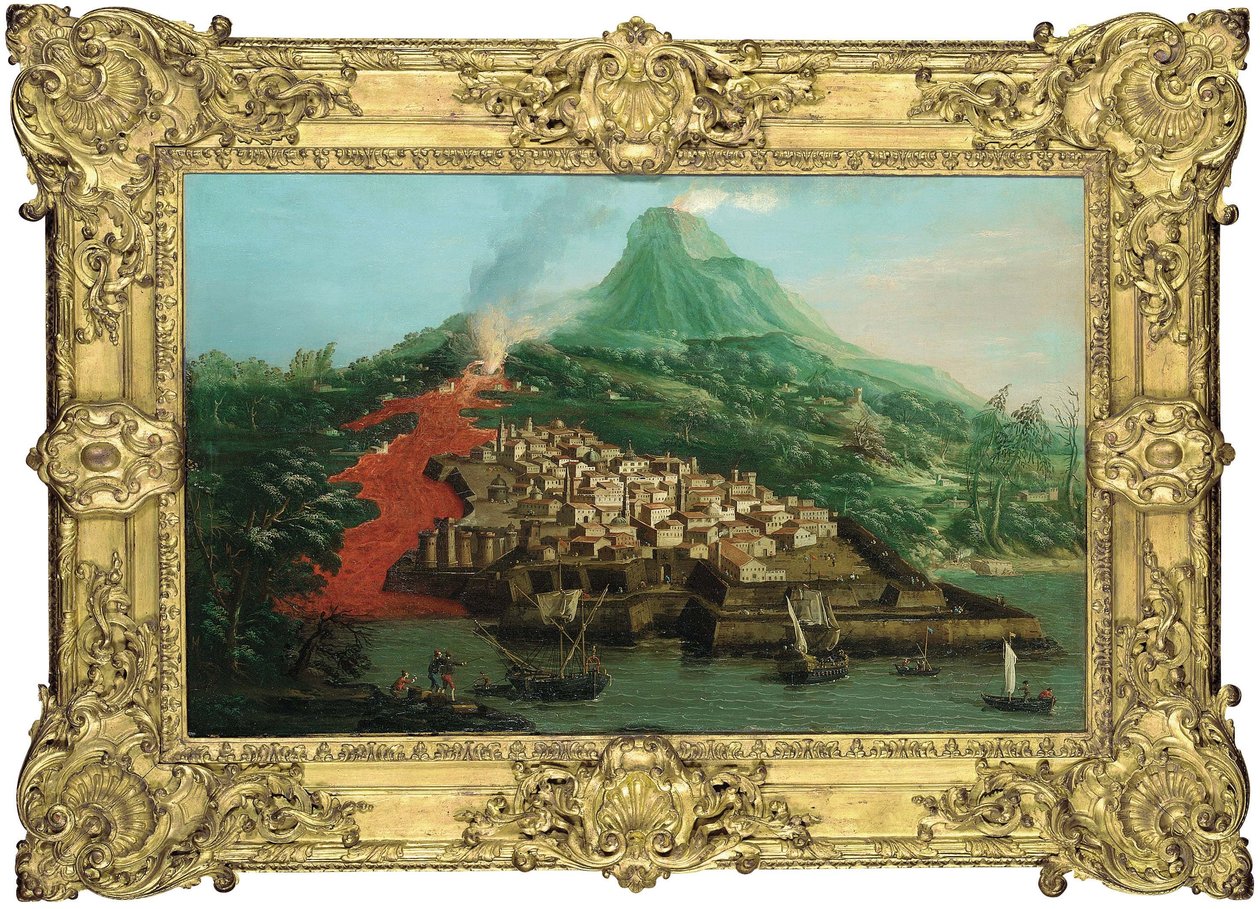 Eine Vulkaninsel mit einem Hafen und Schiffen von Giovanni Antonio Canal