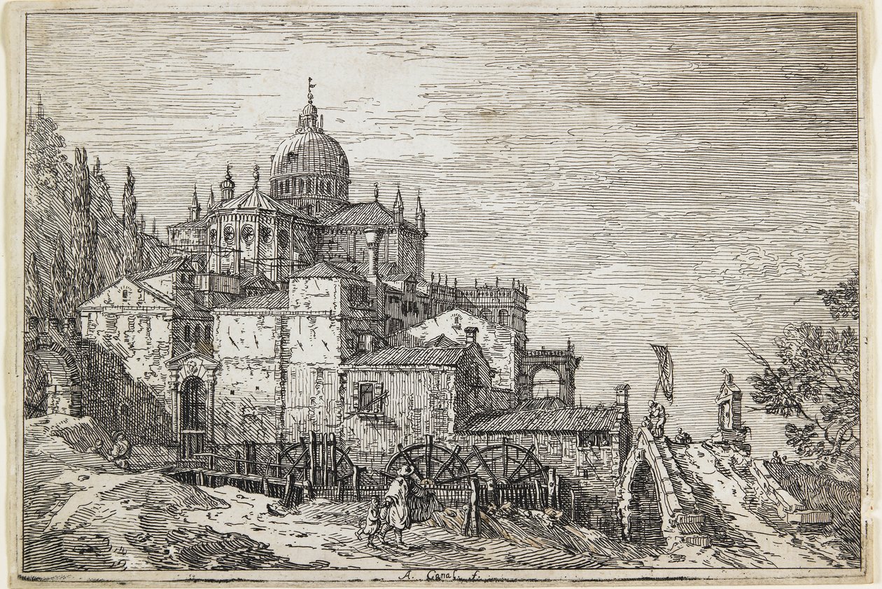 Landschaft mit Kirche, Häusern und Mühle von Giovanni Antonio Canal