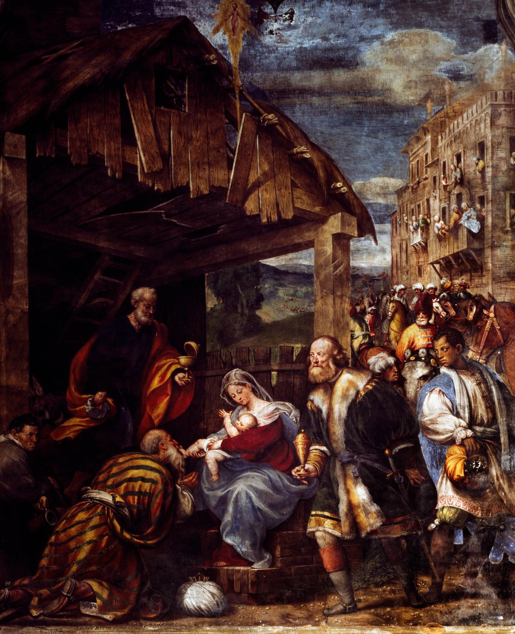 Anbetung der Könige, ca. 1530, von Pordenone (1483-1484 - 1539), Fresko, Kapelle der Könige, Kirche Santa Maria di Campagna, Piacenza, Emilia-Romagna. (Detail) Italien von Giovanni Antonio Pordenone