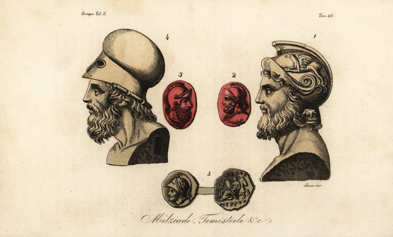 Büsten und Edelsteine der athenischen Politiker Miltiades der Jüngere 1,2, Themistokles 3,4, und König Pyrrhus I 5 von Giovanni Antonio Sasso