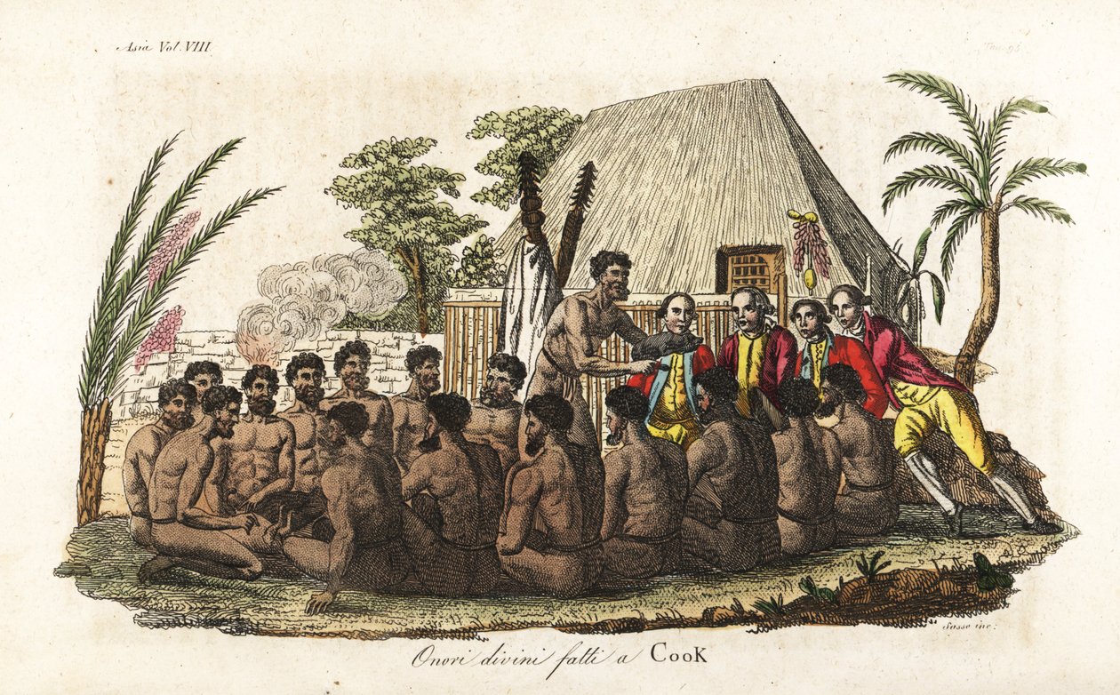 Hawaiianische Eingeborene bieten Captain James Cook ein Opferferkel vor 12 Priestern und einem Holzidol im heiligen Orono-Haus an. Handkolorierte Kupferstichgravur von Sasso nach John Webber aus Giulio Ferrarios 
