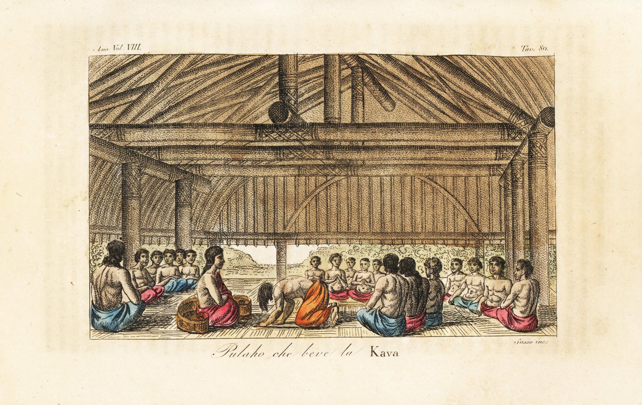 König Polaho trinkt Kava in einem Langhaus, Tonga (Freundliche Inseln). Handkolorierter Kupferstich von Sasso nach John Webber aus Giulio Ferrarios Alte und moderne Kostüme aller Völker der Welt, Florenz, Italien von Giovanni Antonio Sasso