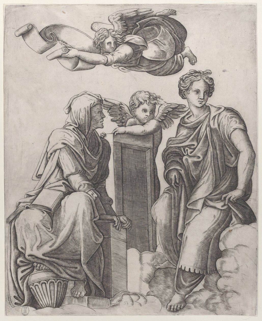 Zwei weibliche Figuren, die in den Wolken sitzen, flankieren einen Engel und einen weiteren, der darüber fliegt von Giovanni Antonio da Brescia