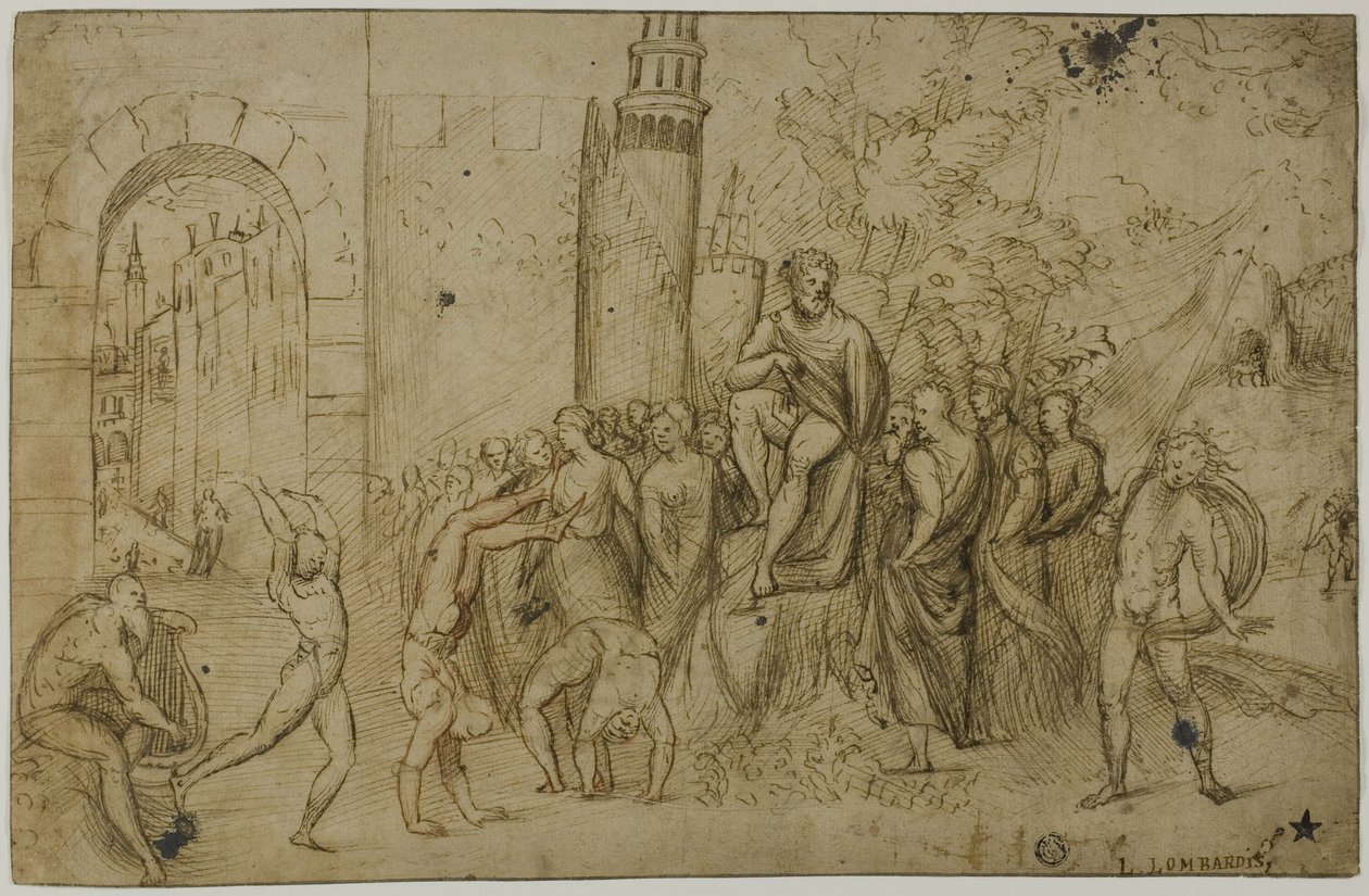 Akrobaten, die vor einem Herrscher auftreten (recto); Außenszene mit einer Gruppe von Figuren (verso) von Giovanni Antonio da Pordenone