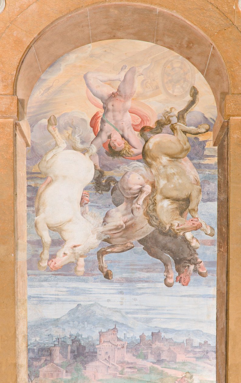 Der Sonnenwagen, gelenkt von Apollo, taucht zur Erde, Ostwand der Apollo-Loggia, ca. 1560 von Giovanni Battista and Cambiaso Luca Castello