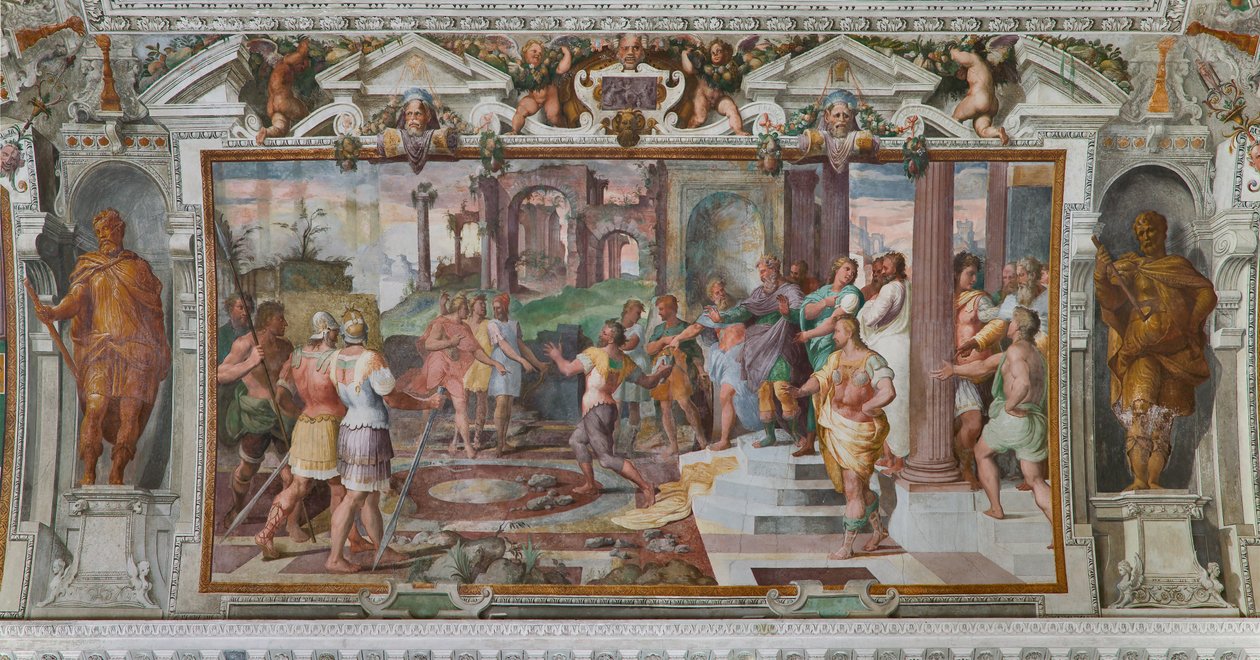 Geschichten von Odysseus: Detail des Spiels des Steinewerfens am Hof der Phäaken, ca. 1560 (Detail) von Giovanni Battista Castello