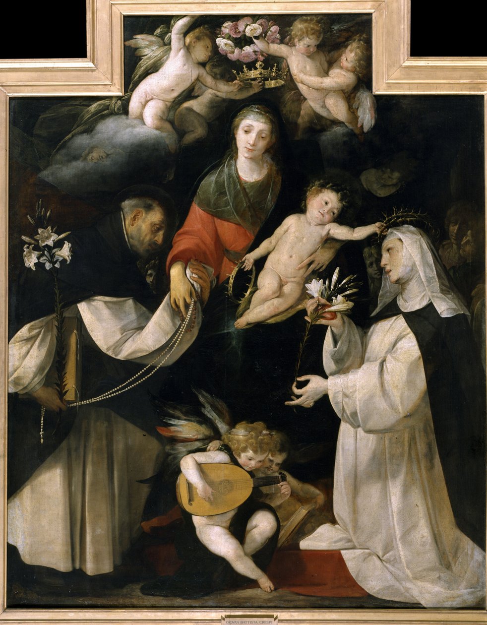Madonna des Rosenkranzes (Die Madonna del Rosario). Ein Rosenkranz wird auf den Kopf der Jungfrau gelegt, während zwei Heilige ihr weiße Lilien, Rosenkränze und Herzen überreichen, die den Glauben symbolisieren. Gemälde von Giovan (Giovanni) Battista Cresp von Giovanni Battista (1567 1633) Crespi