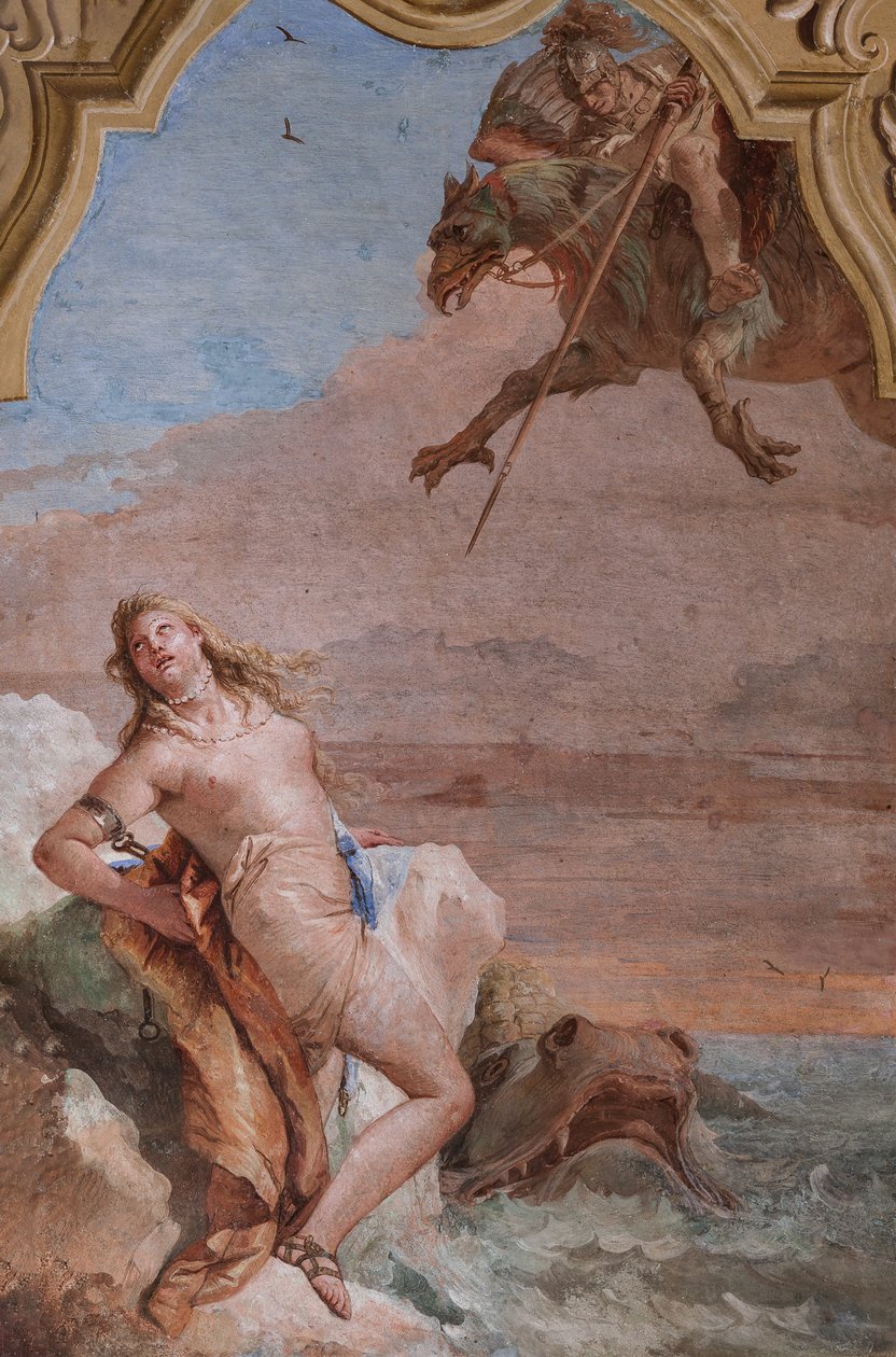 Palazzina (Kleines Gebäude): zweiter Raum oder Raum von Ariosto mit Fresken, die Episoden aus "Orlando Furioso" darstellen: "Ruggiero rettet Angelica vor dem Seeungeheuer" von Giovanni Battista Tiepolo