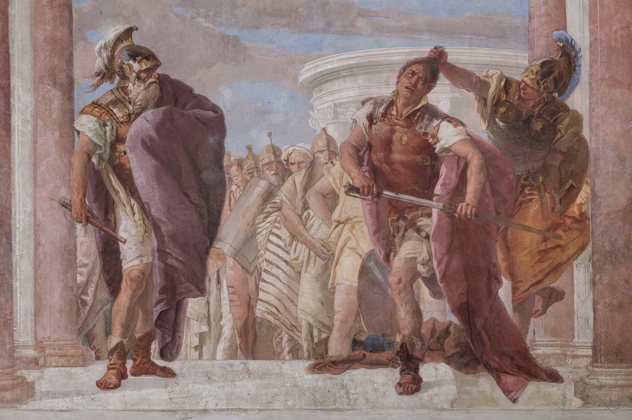 Palazzina (Kleines Gebäude): Ansicht des ersten Raums und seiner Fresken, die Episoden aus der Ilias darstellen: "Athena verhindert, dass Achilles sein Schwert gegen Agamemnon zieht", Detail von Giovanni Battista Tiepolo